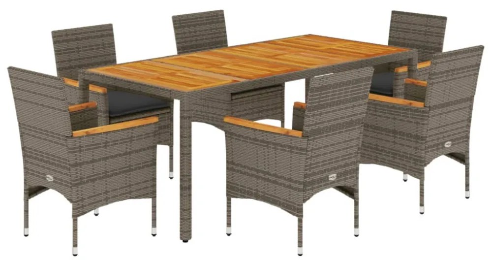 7részes szürke polyrattan/akácfa kerti étkezőgarnitúra párnával