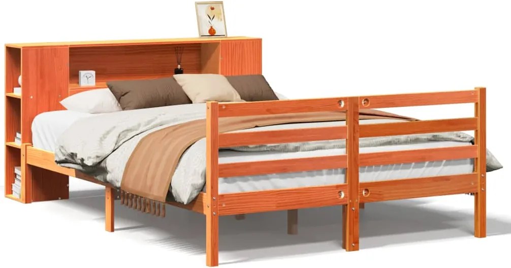vidaXL barna tömör fenyőfa könyvespolcos ágy matrac nélkül 140 x 200cm