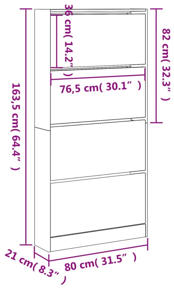 fehér cipőszekrény 4 kihajtható fiókkal 80 x 21 x 163,5 cm