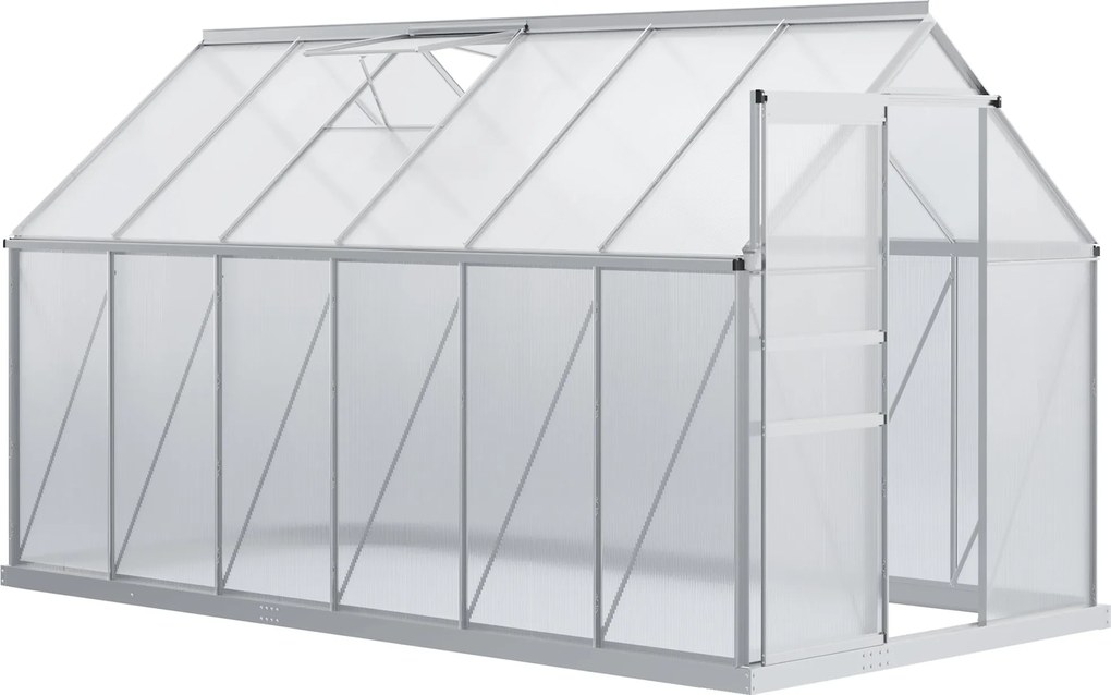 Outsunny Kertiház Polikarbonáttal 7,1 m² - 1,9L x 3,75W x 1,99H Alapzattal, Állítható Tetőablakkal, Tolóajtóval - Ezüst és Átlátszó | Aosom