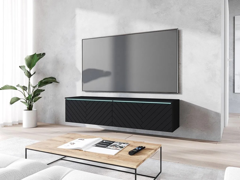 TV szekrény Dlana 140 MDF (fekete grafit + halcsont fekete) (fehér LED világítás). 1106204