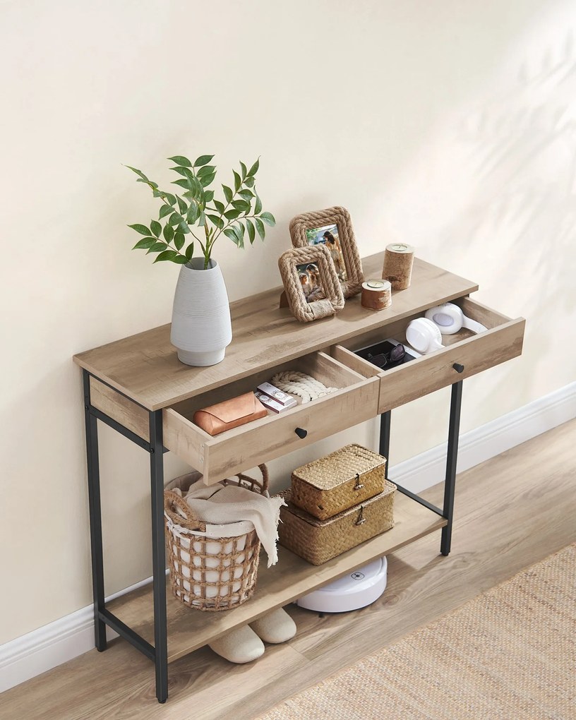 Fémvázas konzolasztal 2 fiókkal, ipari dizájn, tevebarna-fekete színben