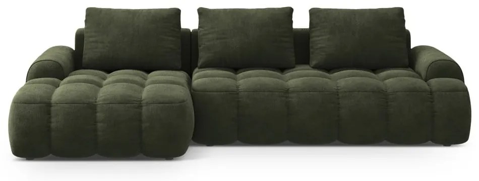 Zöld bársony kinyitható-tárolóhelyes sarokkanapé (bal oldali-heverő résszel) Linz – Cosmopolitan Design