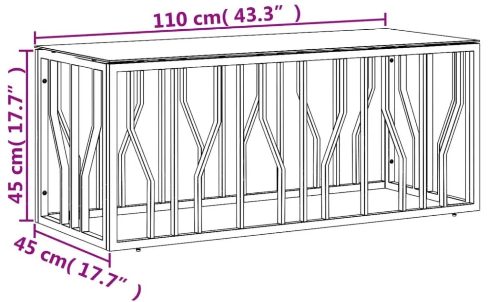 aranyszínű üveg és rozsdamentes acél dohányzóasztal 110x45x45cm