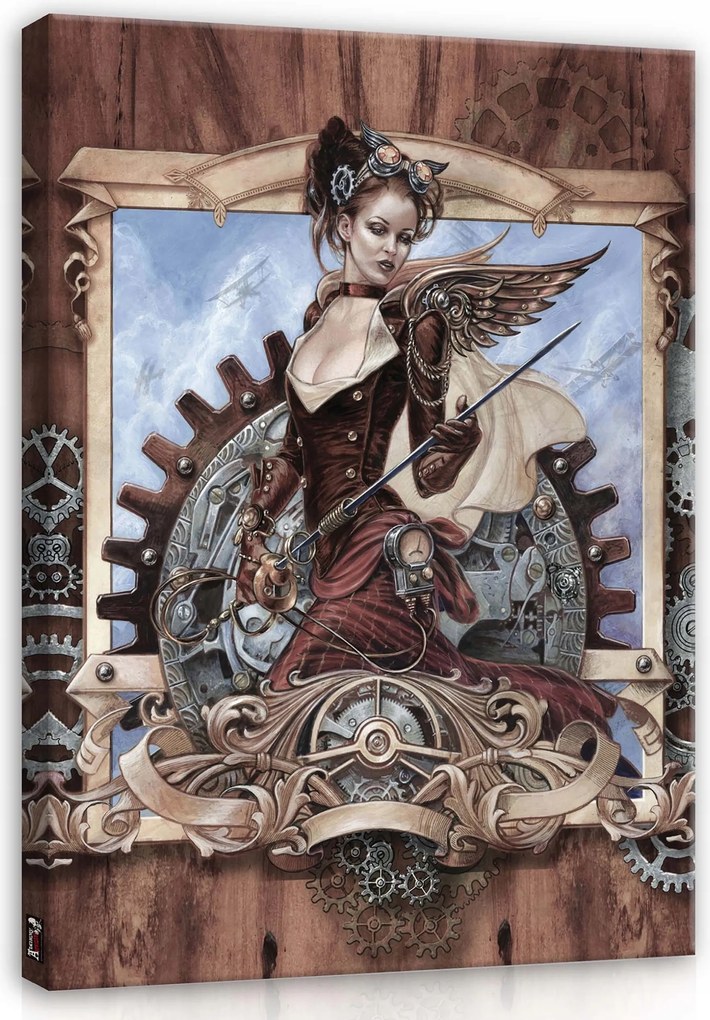 Vászonkép 60x80 Steampunk nő-harcos mechanizmus szárny kard erő