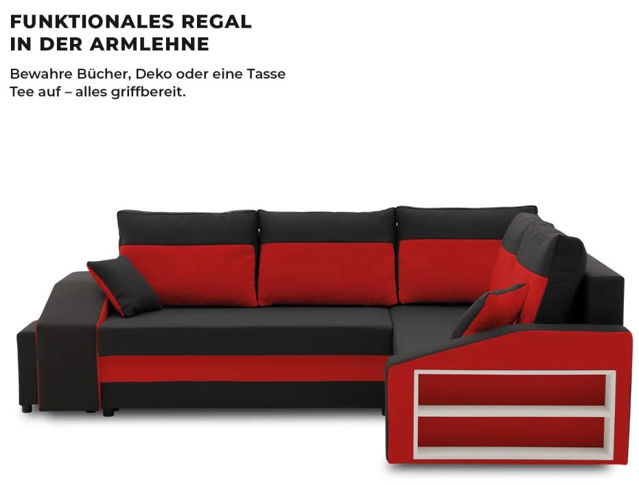 Grande sarokkanapé polcokkal és puffokkal , polc a jobb karfaban puffok a bal karfaban, jobboldali, szövet anyag, bonell töltet, fekete - piros