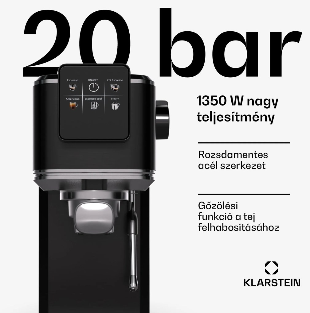 Klarstein SteelPresso Slim Touch kávéfőző, portafilter, érintőképernyő