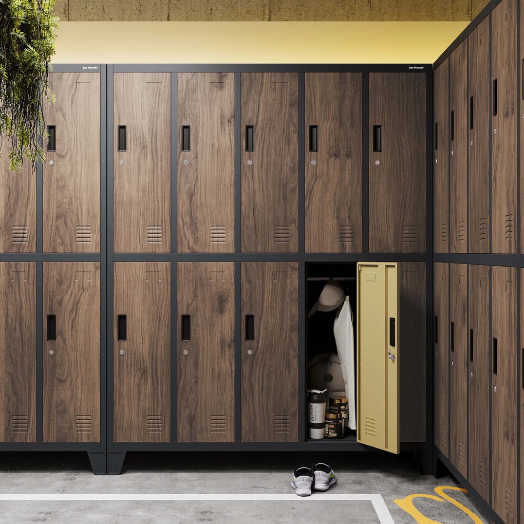 Pléh öltözőszekrény lábakon, 10 rekeszes BARTEK, 1360 x 1720 x 450 mm, Eco Design: antracit/ dió