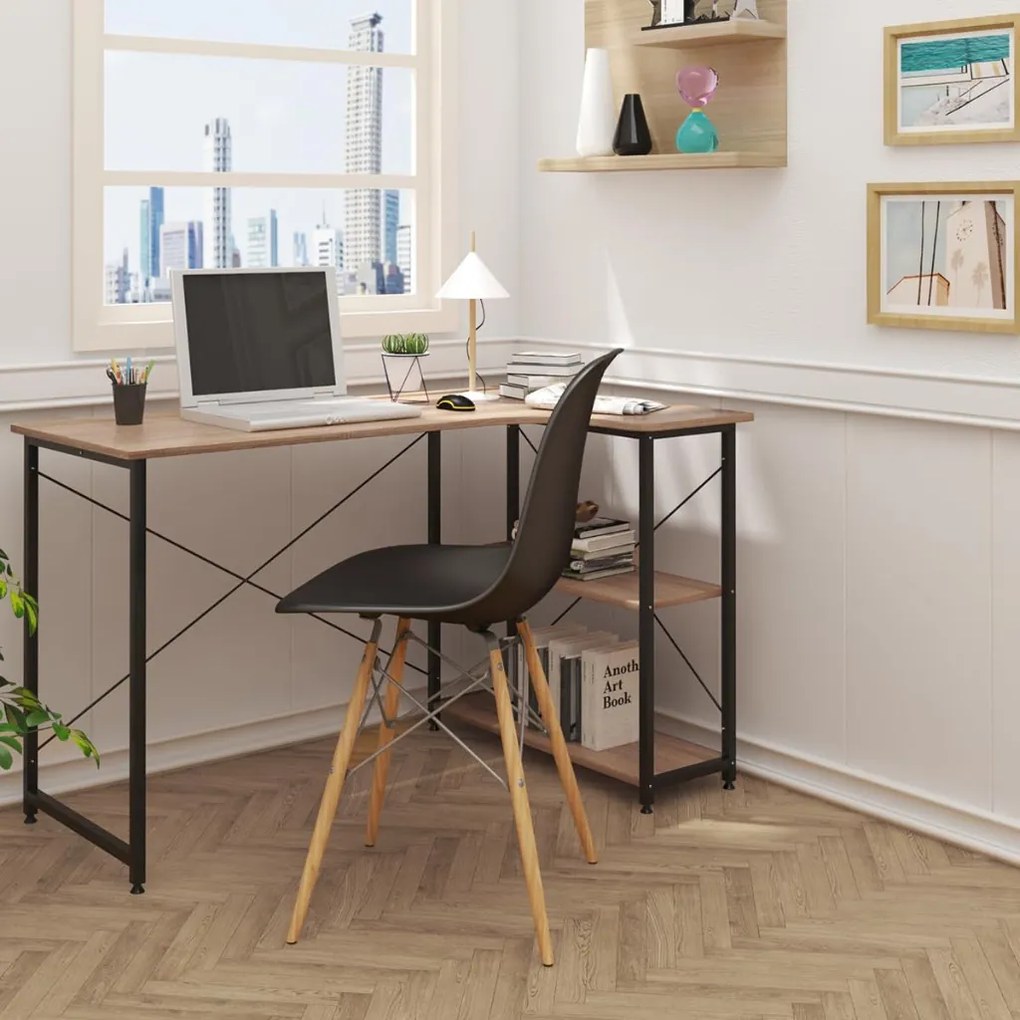 L alakú sarok íróasztal / számítógépasztal polcokkal 120×73 cm, masszív fém vázzal, fekete–sonoma tölgy – Intenso Home