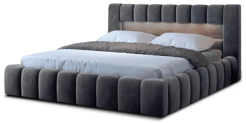 Szürke kárpitozott ágyneműtartós franciaágy ágyráccsal 140x200 cm Lamica – ELTAP