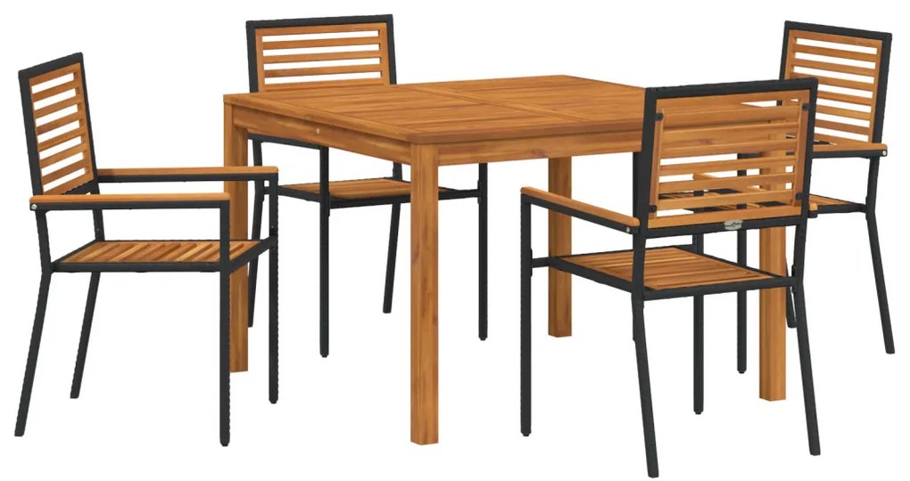 5 Részes Kerti Étkező Garnitúra Fekete Polyrattan Akác, Egymásra Rakható Kerti Székek Párnákkal 2 db Fekete Polyrattan