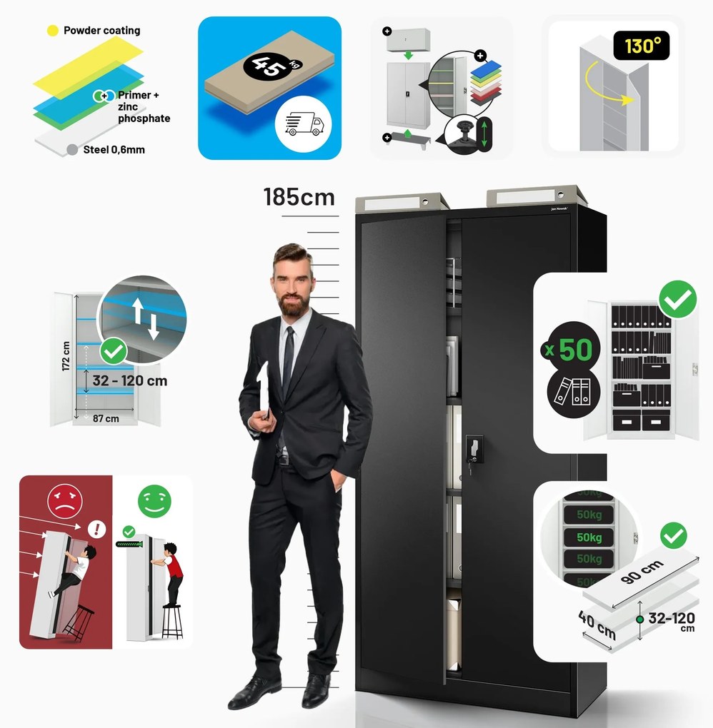 Fém iratszekrény JAN, 900 x 1850 x 400 mm, fekete