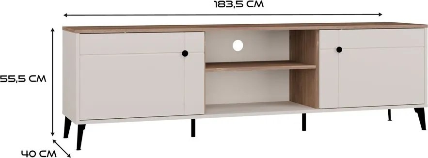 RTV POINT 2D TV állvány 183.5x40x12 cm, kasmír, fekete lábakkal, tölgy fedlappal