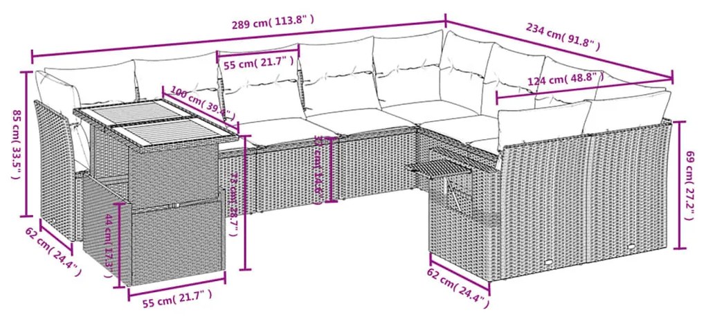 10 részes fekete polyrattan kerti ülőgarnitúra párnákkal