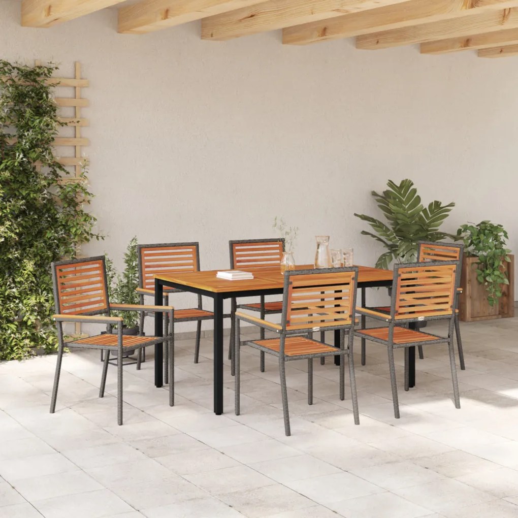 7 darabos Kerti Étkezőszett Szürke Poli Rattan Akácia, Összecsukható Kerti Székek párnázattal 2 db Szürke Poli Rattan, Kerti Asztal 150x90x75 cm Szilárd Akácia Fa és Fém