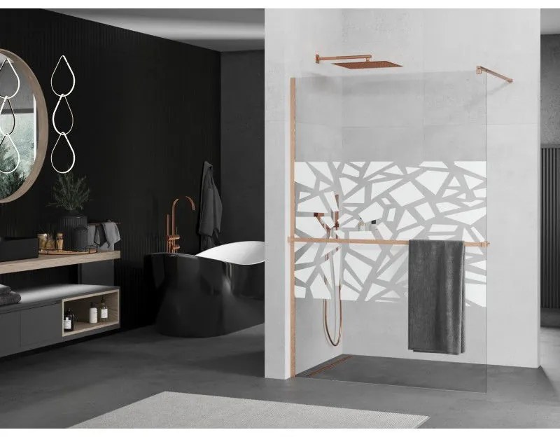 Mexen Kioto+, Walk-In zuhanyparaván polccal és akasztóval 80 x 200 cm, 8 mm átlátszó üveg fehér mintás, réz matt profil, 800-080-121-65-85