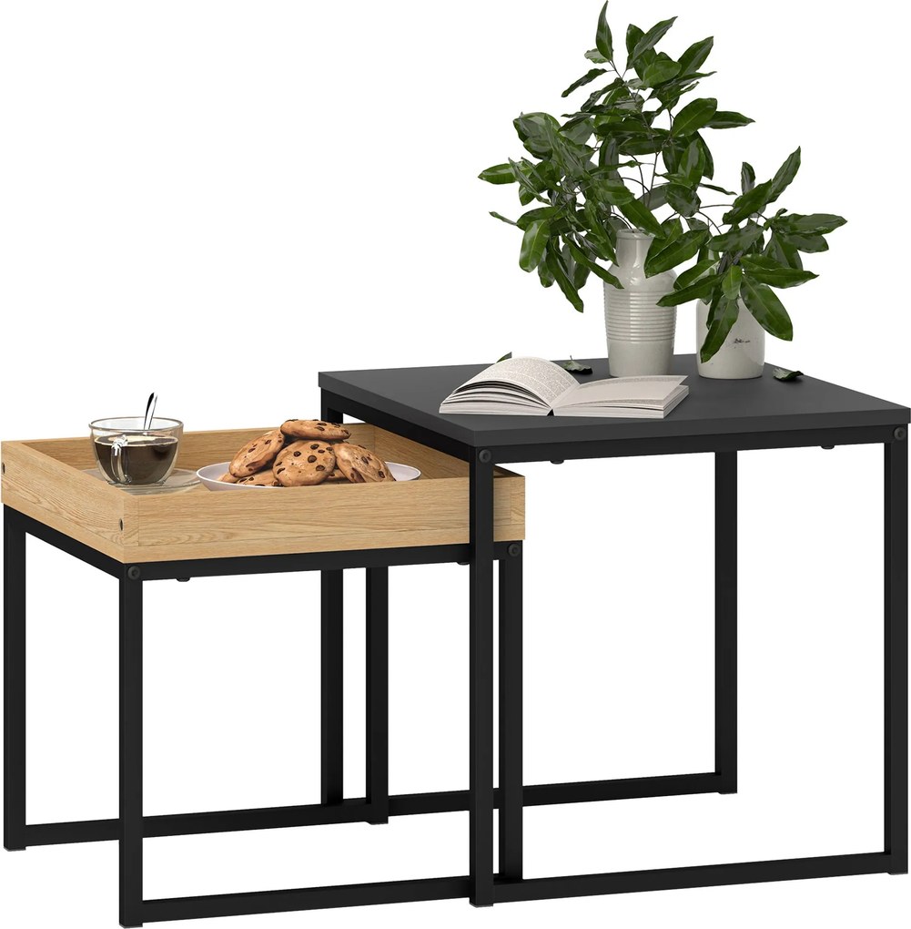 HOMCOM 2 részes Kávasztal Szett, Négyzet alakú Oldaltábla, Kávasztal Acélvázzal, Modern Formatervezés, Nappaliba, 30 kg Teherbírás, Fekete+Tölgy | Aos