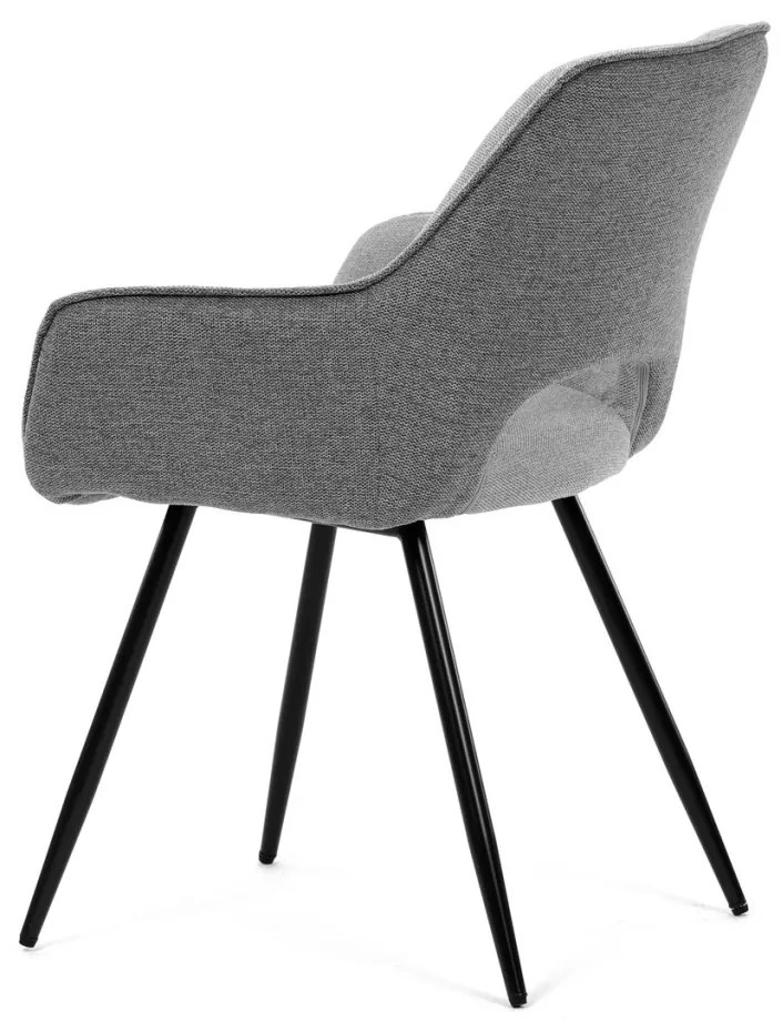 Scaun de sufragerie modern, în stil industrial, tapițerie din material gri, picioare din metal negru.