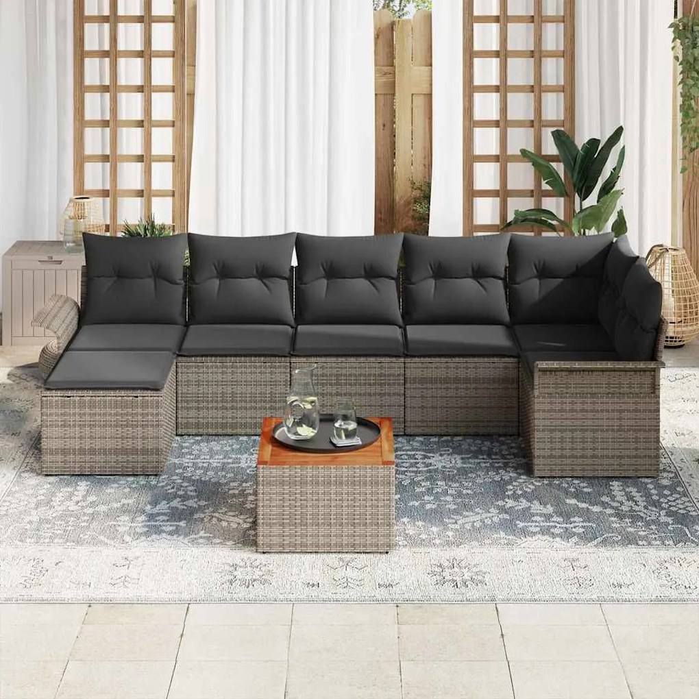 Kerti Kanapé Szett 8 pcs Szürke Poli rattan, acél, tömör akácfa