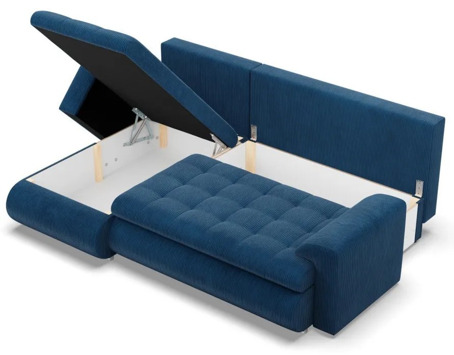 Tokio sarokkanapé, 2 ágyneműtartóval, kordbársony, baloldali, kék