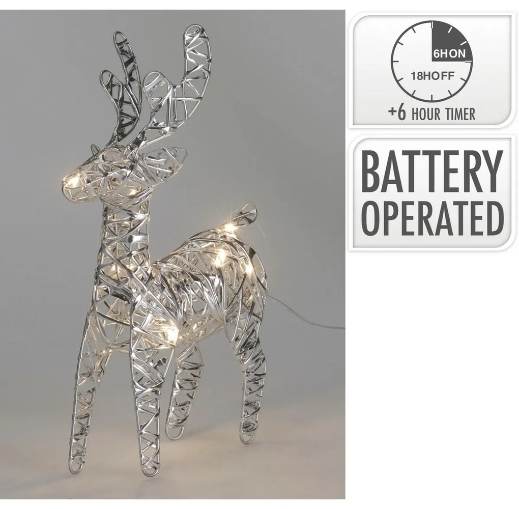 Silver karácsonyi világító rénszarvas, 21 x 14 cm, 30 mikro LED, elemes