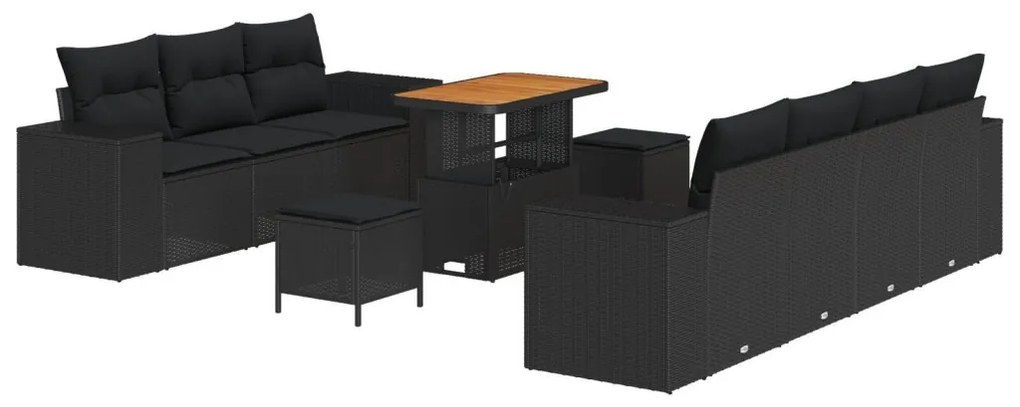 10 Darab Kert Szófakészlet Párnákkal Fekete Poli Rattan Akáciával, 3 Darab Kert Étkező Készlet Párnákkal Fekete Poli Rattan Akáciával