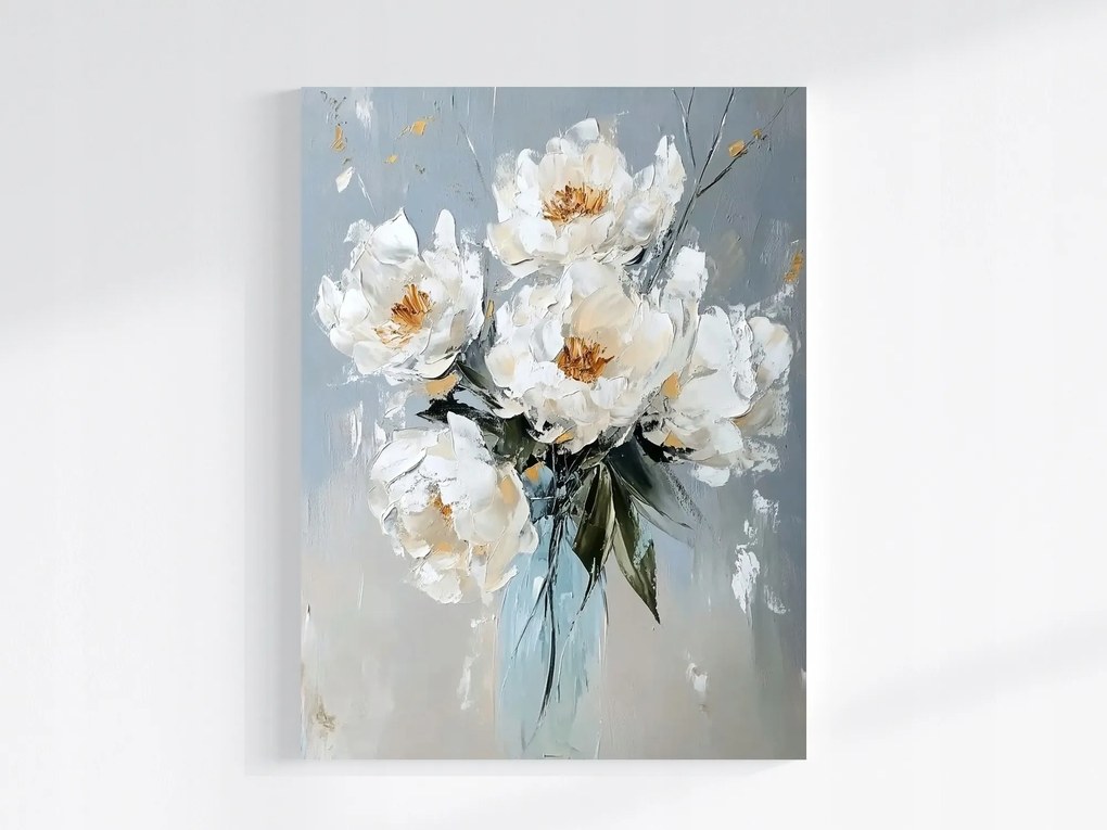 Vászonkép Canvas Olaj Impasto Virágok Fehér Bazsarózsa Csokor 75x100