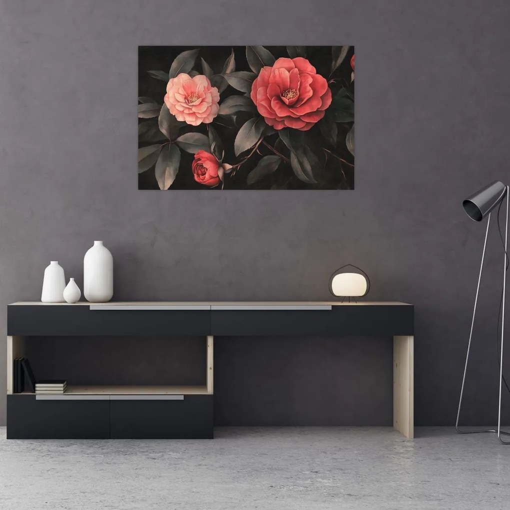 Kép - Vörös virágok sötét háttér előtt (90x60 cm)