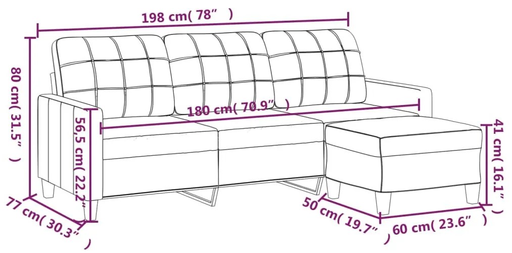 3 személyes fekete műbőr kanapé lábtartóval 180 cm