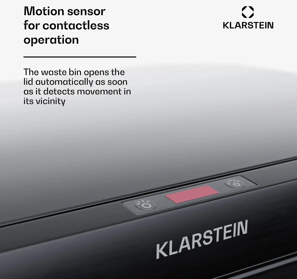 Klarstein Touchless, szenzoros szemétkosár, 56 l, rozsdamentes acélból, 3 kosár, Soft-Close záródás, elemmel működő, LED kijelző, időzítő
