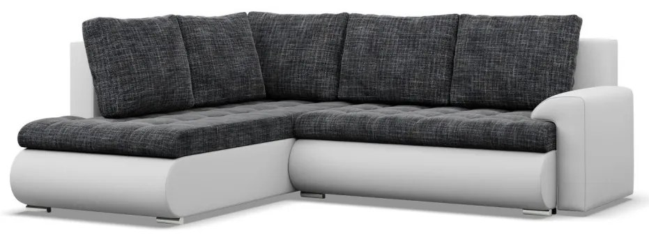 Tokio sarokkanapé, L alakú háttámlával, 2 ágyneműtartóval, fonott + műbőr, baloldali, sötétszürke - fehér