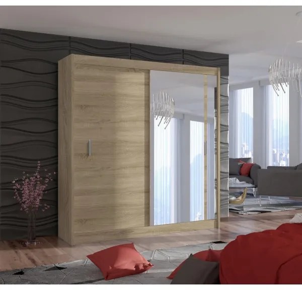 SABRINA gardróbszekrény tükörrel, 203x215 cm, sonoma tölgy