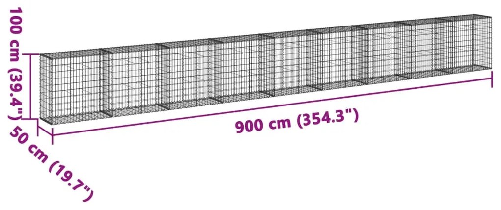 horganyzott vas gabion kosár fedéllel 900 x 50 x 100 cm