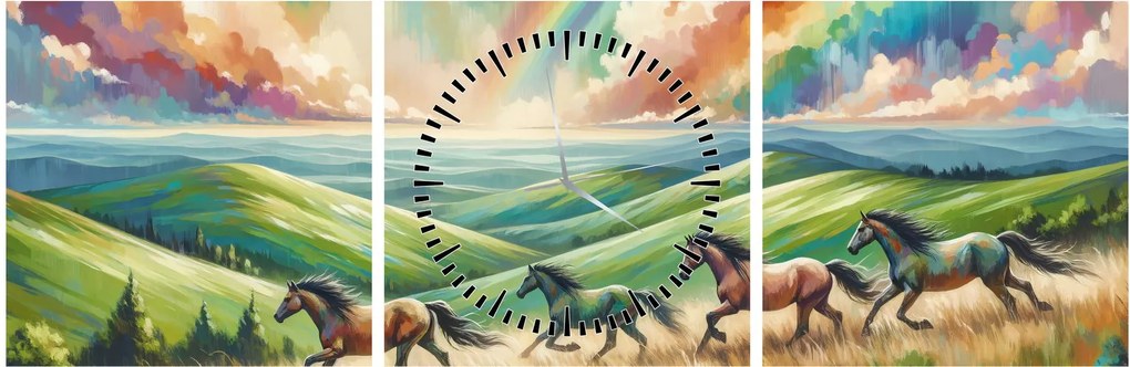 Kép – Vágtázó lovak a tájban (órával) (90x30 cm)