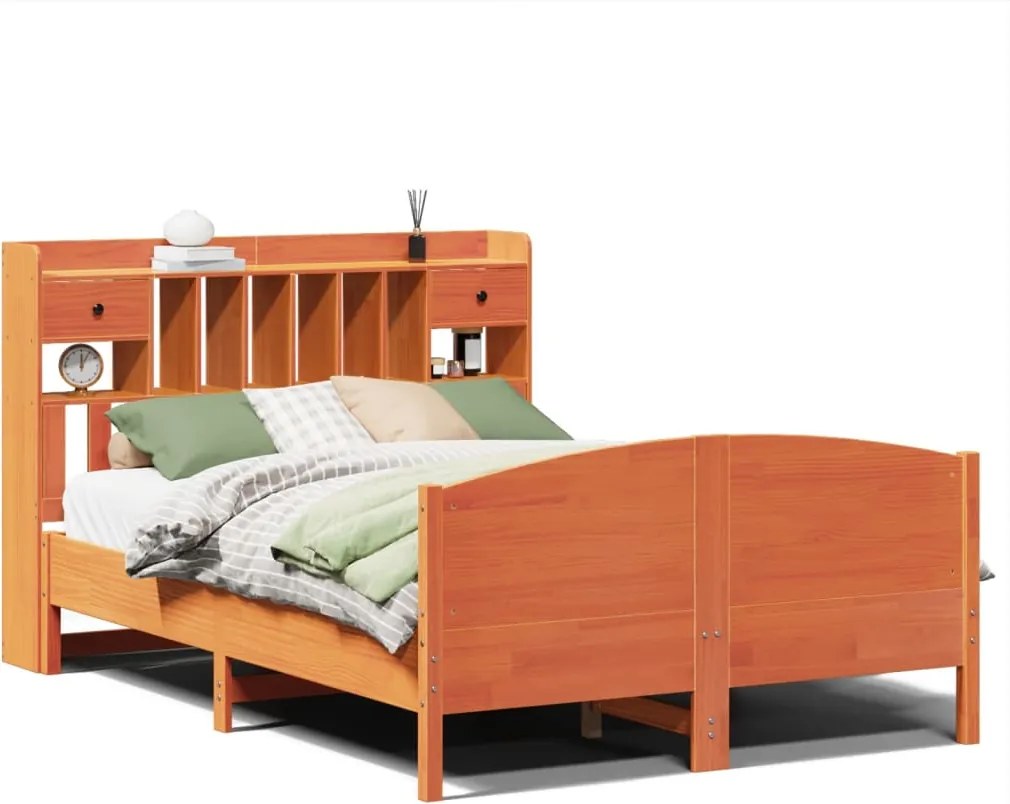 vidaXL barna tömör fenyőfa könyvespolcos ágy matrac nélkül 150 x 200cm