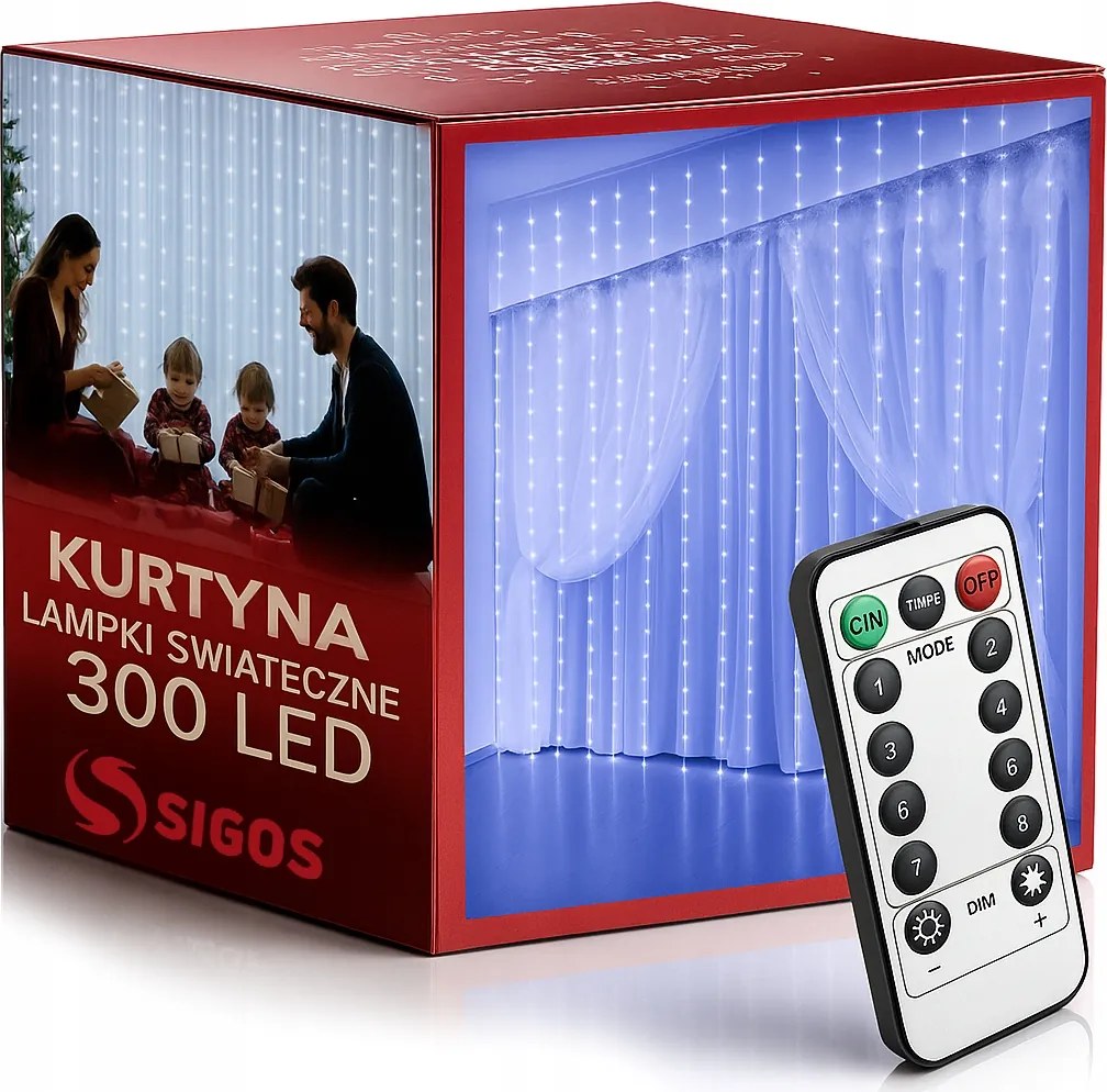 Fényfüggöny 300 Led Karácsonyfa Lámpa Girland Távirányító Fehér 3x3m Sigos