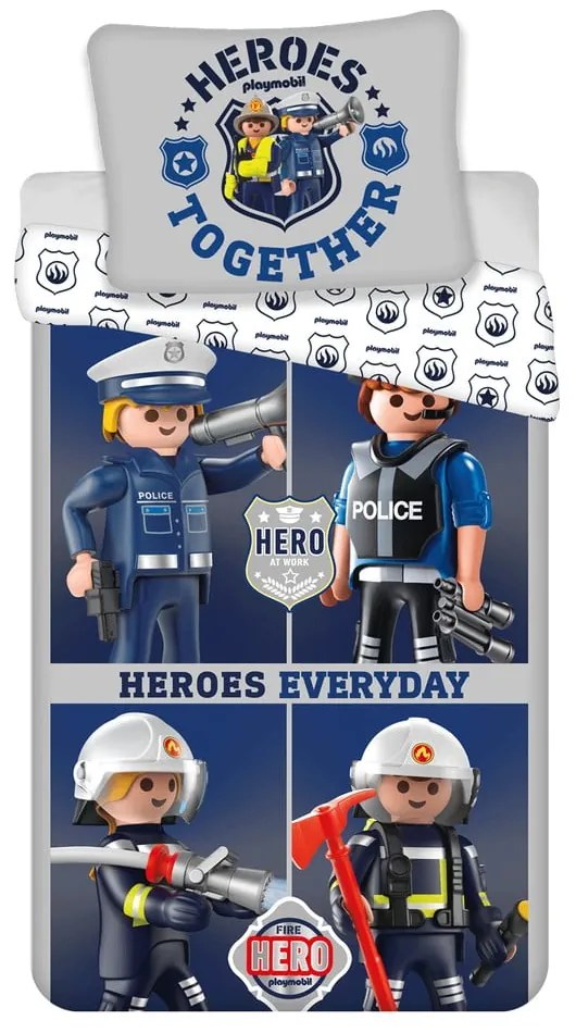 Kék-szürke egyszemélyes pamut gyerek ágyneműhuzat 140x200 cm Playmobil – Jerry Fabrics