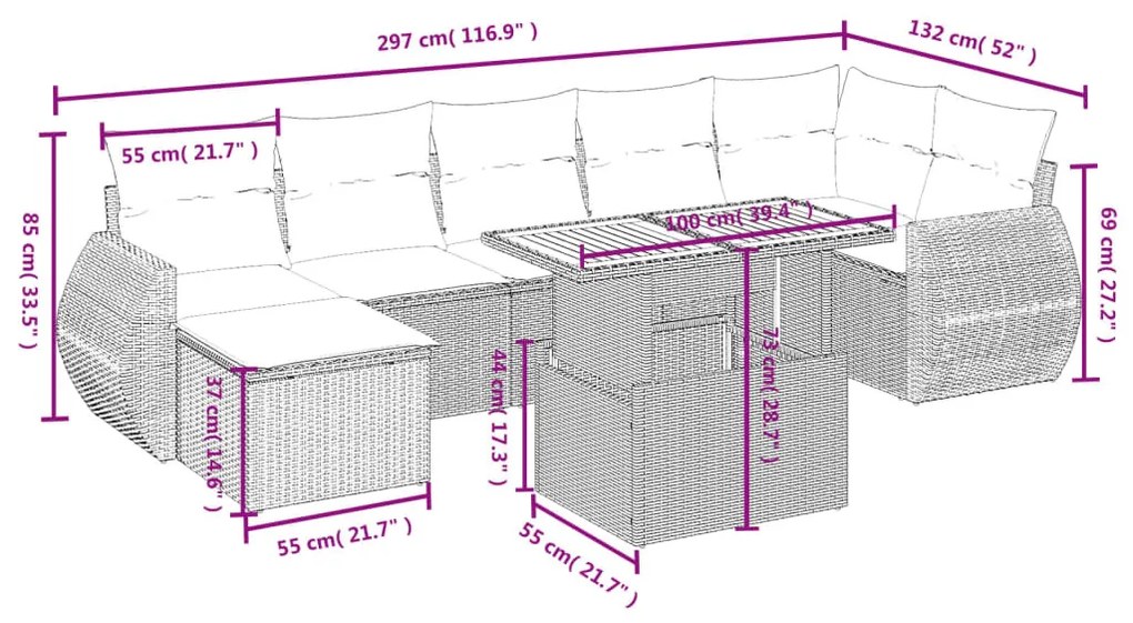 8-részes szürke polyrattan kerti ülőgarnitúra párnákkal