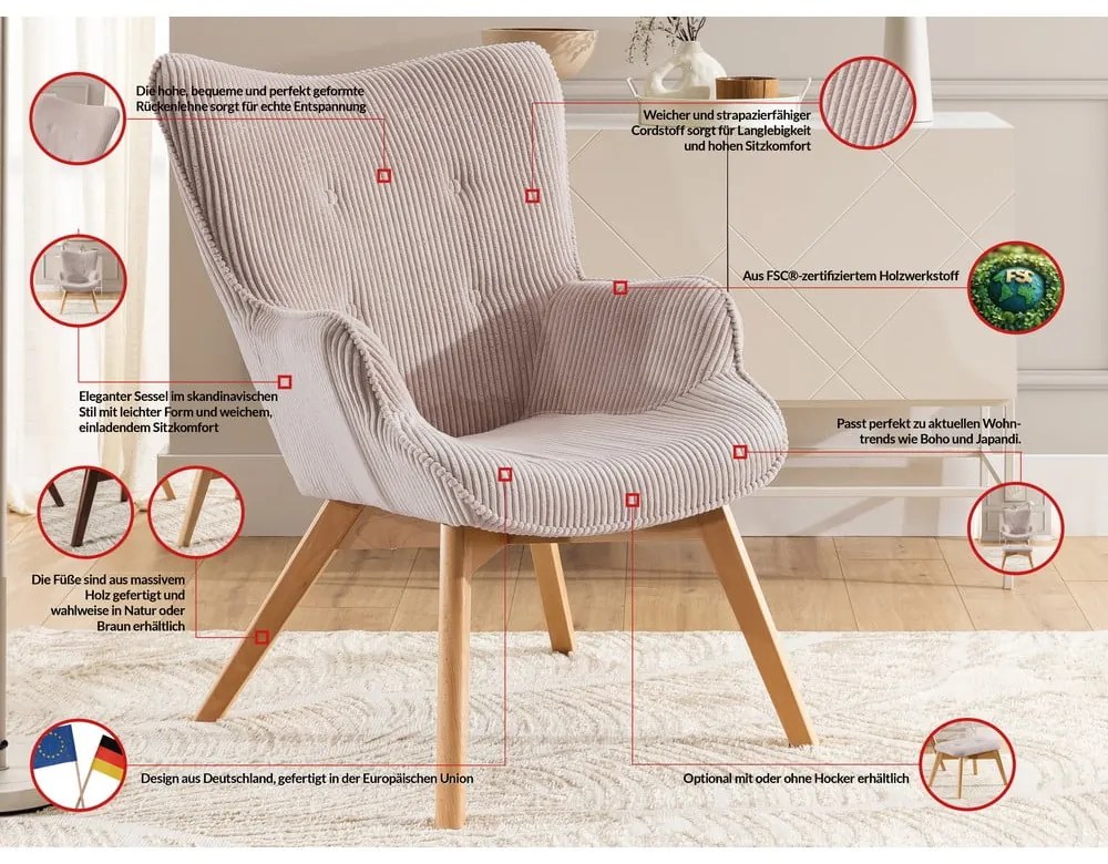 Világos rózsaszín kordbársony fotel Niko – Ropez