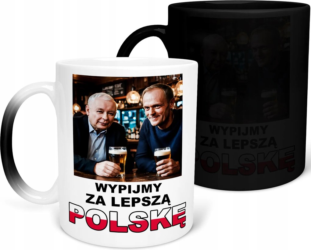 Mágikus Bögre Kaczynski Tusk "Igyunk egy jobb Magyarországért" Ajándék 330ml