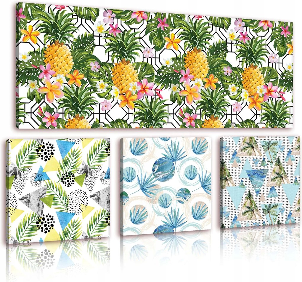 Vászonkép 80x55 moduláris poliptich trópusi minta ananász levelek absztrakt