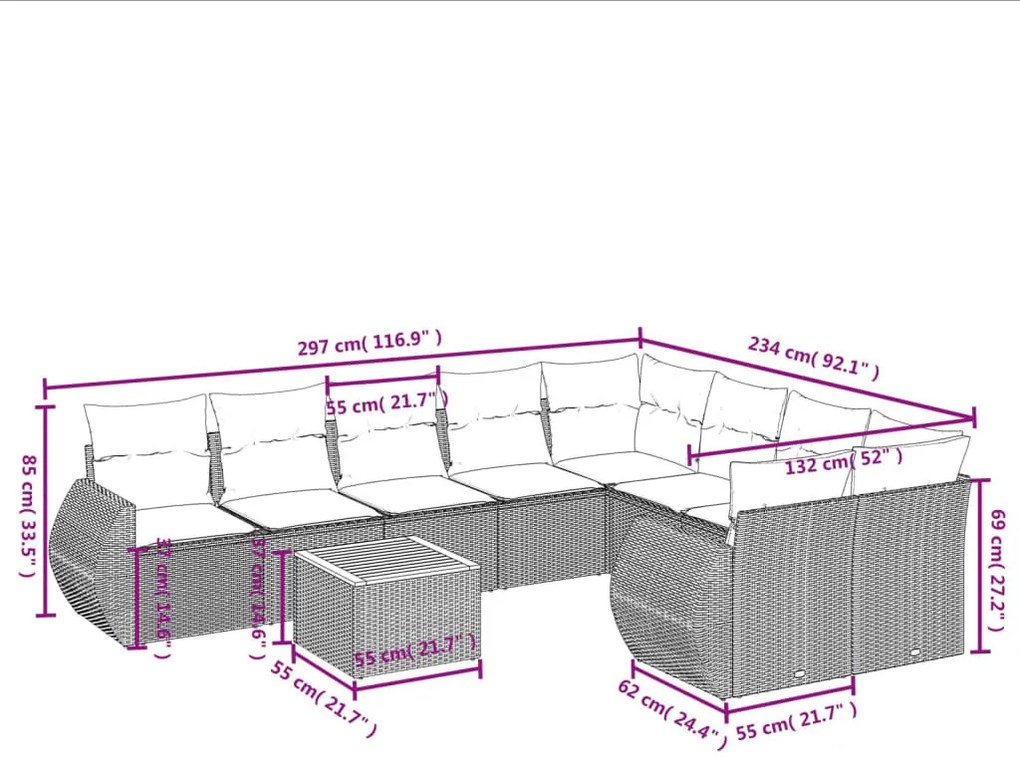 10 részes szürke polyrattan kerti ülőgarnitúra párnákkal
