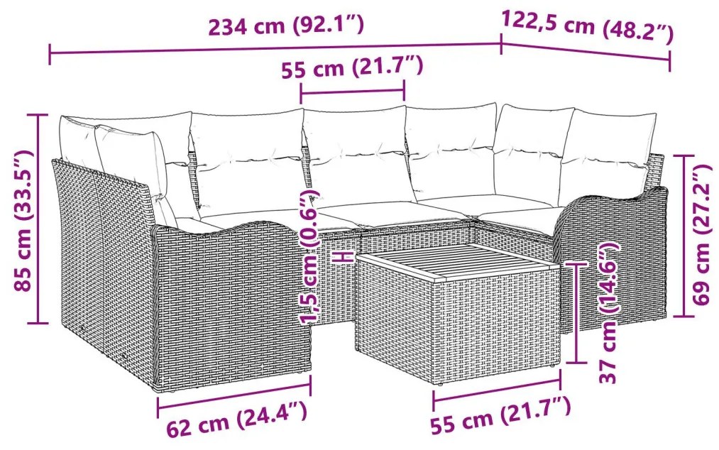7 darabos kerti kanapé párnákkal fekete poli rattan akáciából, 2 személyes kerti kanapé párnákkal fekete poli rattanból