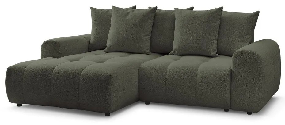 Khaki zsenília kinyitható-tárolóhelyes sarokkanapé (bal oldali-heverő résszel) Roxelane – Bobochic Paris