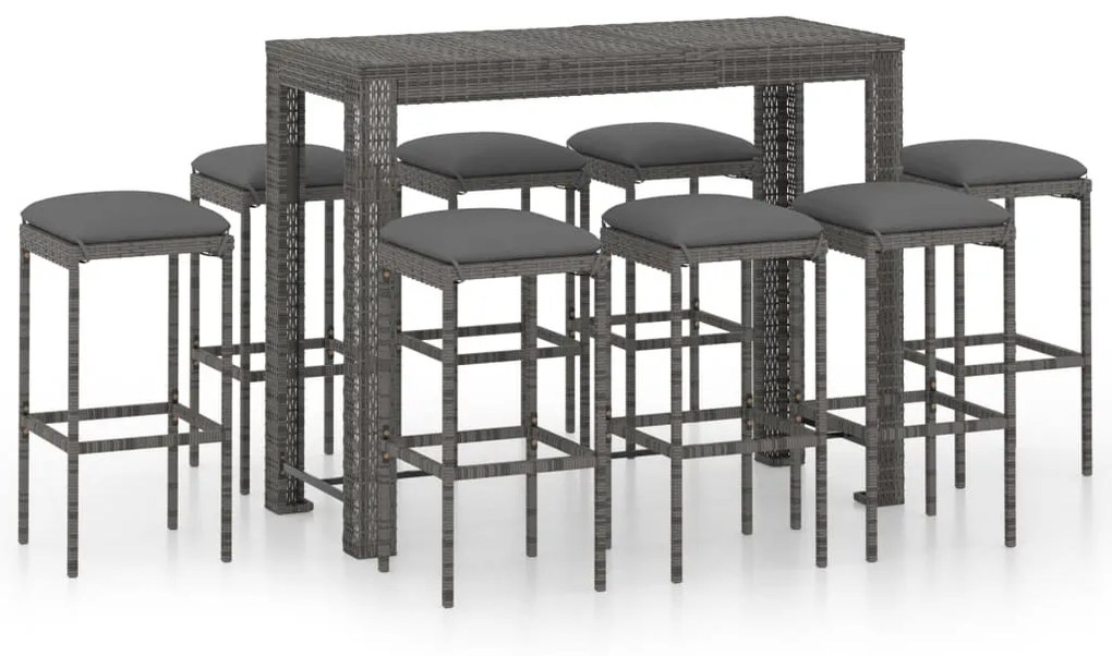 9 részes szürke polyrattan kerti bárszett párnákkal
