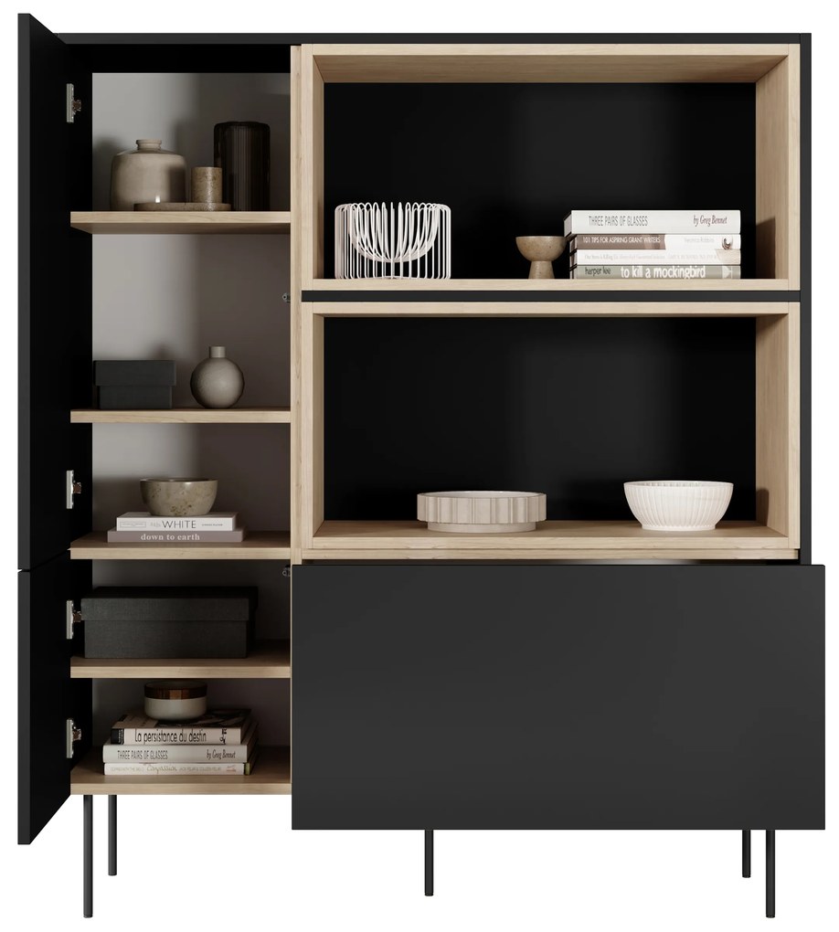 Desin magas komód 120 cm nyitott polcokkal és fiókkal - matt fekete / nagano tölgy