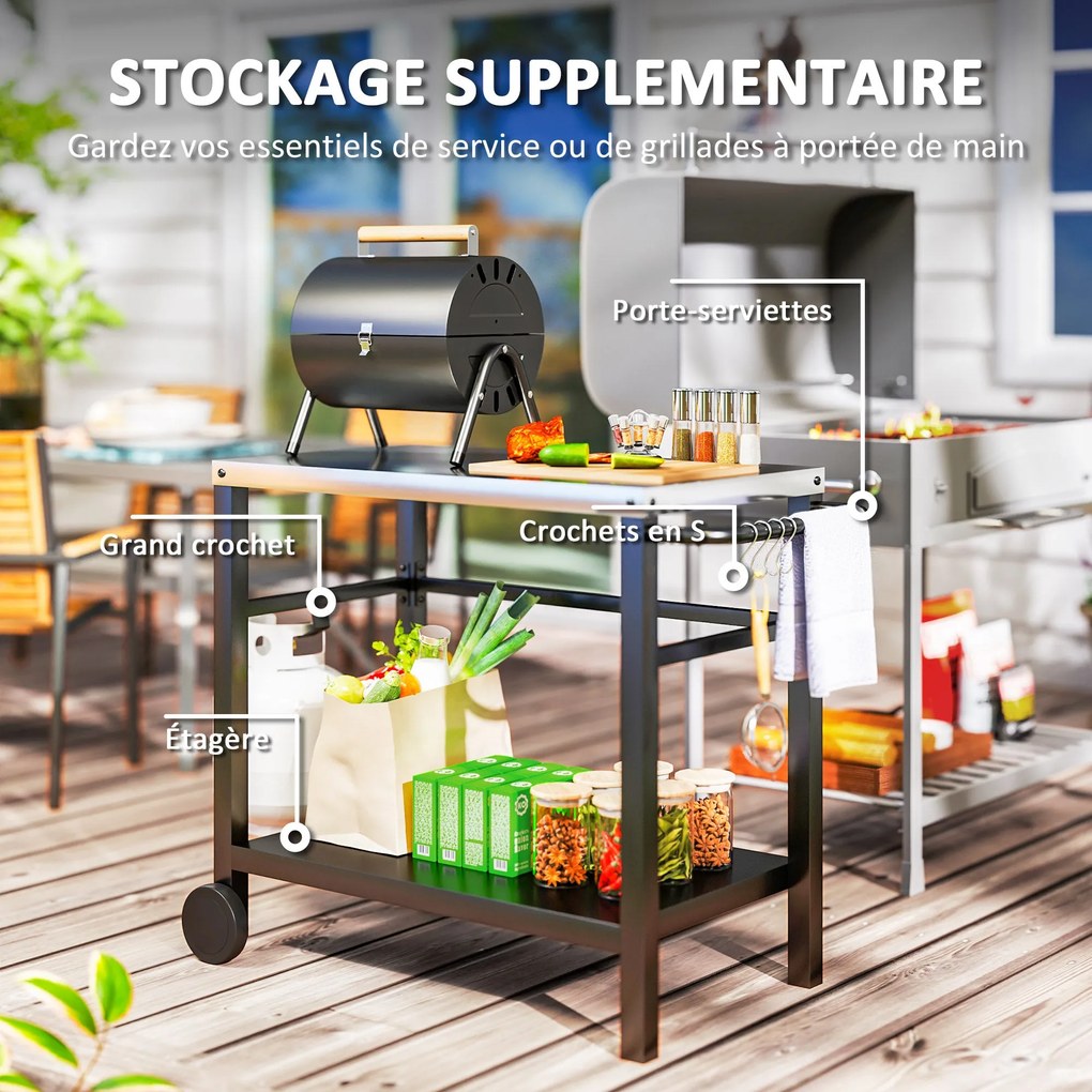 Outsunny Kültéri Grillező Kocsi Rozsdamentes Acél Munkalappal, Grillező Kocsi Polccal, Kert Kocsi Akasztókkal, Törölközőtartóval, 2 Kerékkel, 102x50x8