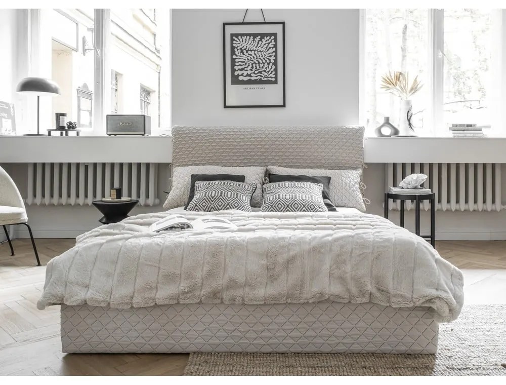 Bézs kárpitozott franciaágy tárolóhellyel ágyráccsal, 140x200 cm Sleepy Luna – Miuform
