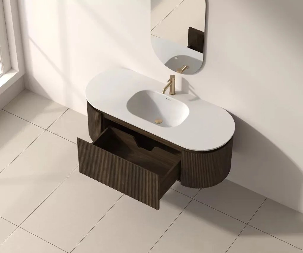 AREZZO design SELINA 120 cm-es ovális alsószekrény solid surface mosdóval, dió