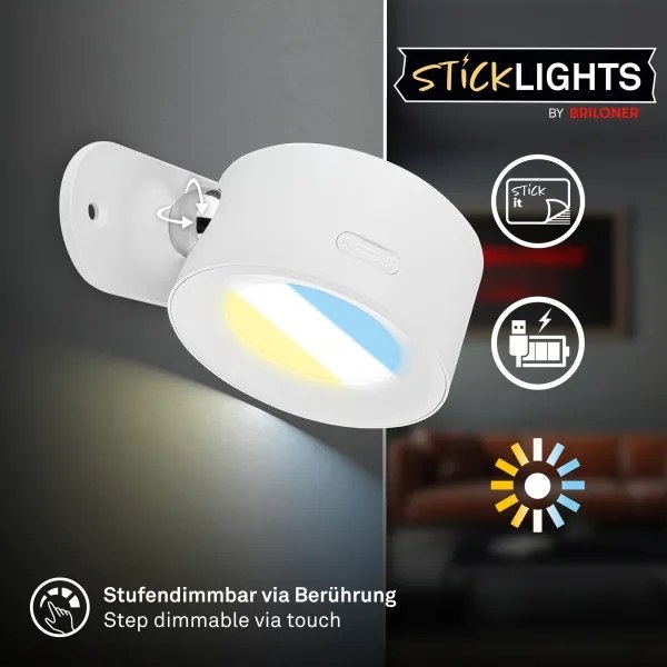 Briloner 3896016 - TARI LED fali lámpa, fényerőszabályozható, újratölthető, LED/1,6W/5V 1500 mAh, fehér